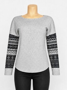 SHEIN Gray Nordic Sleeve Sweater Top Size S | Boat Neck Long Sleeve Blouse